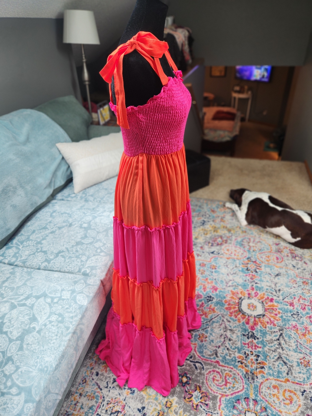 Koko +:Mason Women’s Tiered Smocked Maxi Dress - Pink & Orange Large - Picture 9 of 10